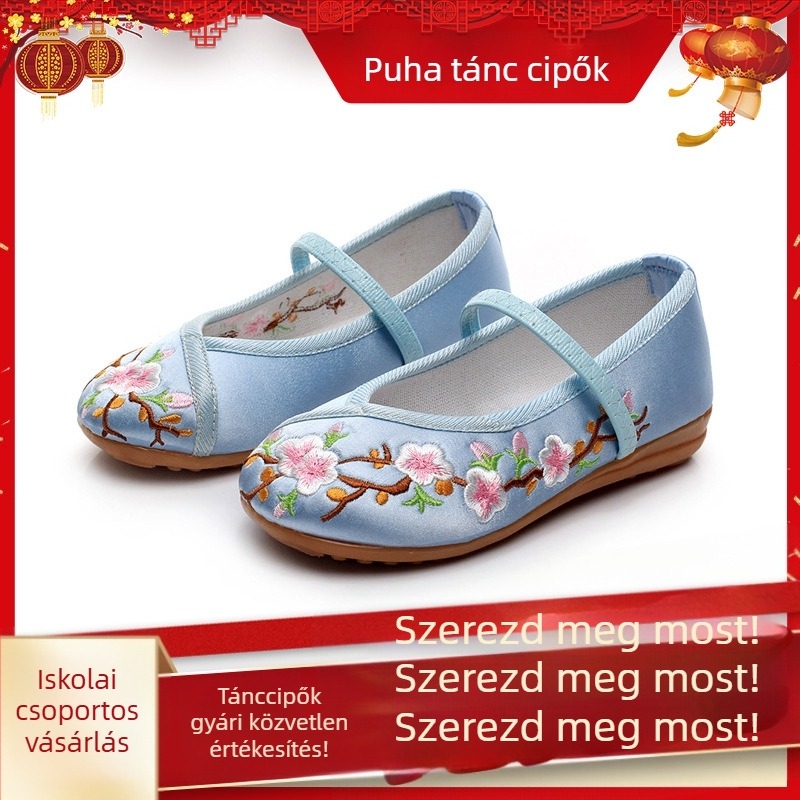Gyerekeknek készített hagyományos kínai stílusú cipő, hímzett, kézzel szőtt textilcipő, puha lapos talppal, uniszex