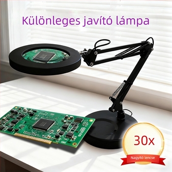 Szemvédő LED asztali lámpa hosszú karos és összecsukható nagyítóval, 6–10W, USB tápegység, CE tanúsítvány, CRI 80–89, feszültség ≤36V