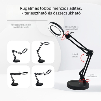 Szemvédő LED asztali lámpa hosszú karos és összecsukható nagyítóval, 6–10W, USB tápegység, CE tanúsítvány, CRI 80–89, feszültség ≤36V