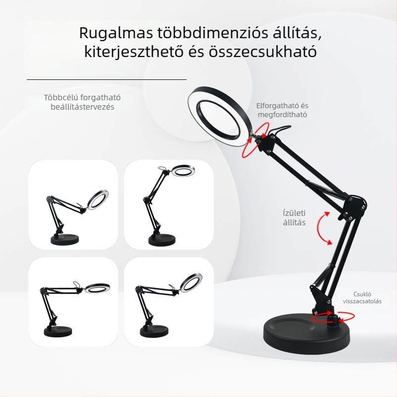 Szemvédő LED asztali lámpa hosszú karos és összecsukható nagyítóval, 6–10W, USB tápegység, CE tanúsítvány, CRI 80–89, feszültség ≤36V