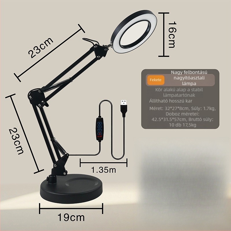 Szemvédő LED asztali lámpa hosszú karos és összecsukható nagyítóval, 6–10W, USB tápegység, CE tanúsítvány, CRI 80–89, feszültség ≤36V