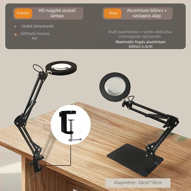 Szemvédő LED asztali lámpa hosszú karos és összecsukható nagyítóval, 6–10W, USB tápegység, CE tanúsítvány, CRI 80–89, feszültség ≤36V