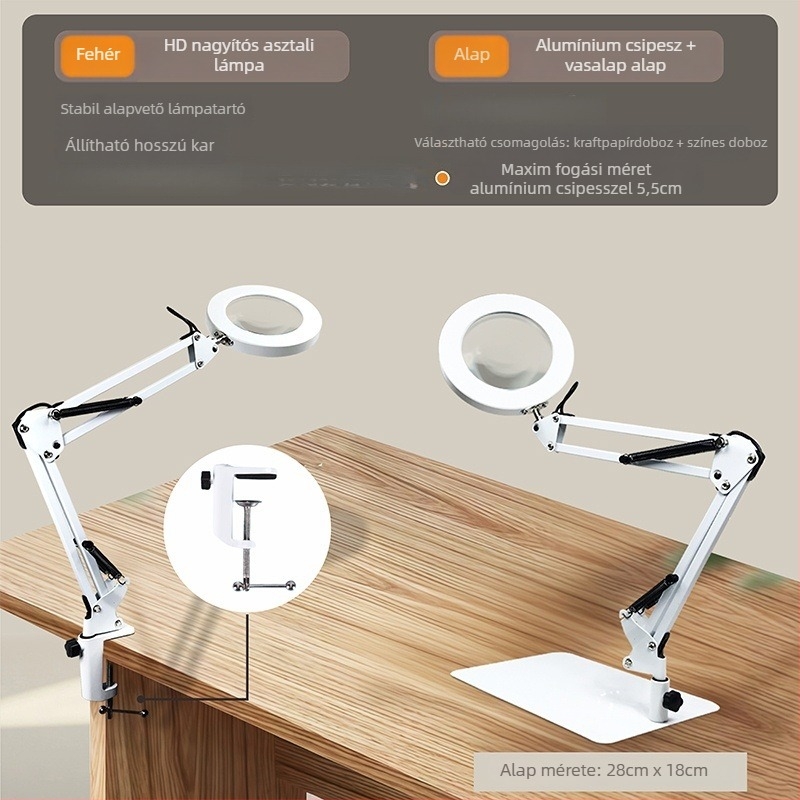 Szemvédő LED asztali lámpa hosszú karos és összecsukható nagyítóval, 6–10W, USB tápegység, CE tanúsítvány, CRI 80–89, feszültség ≤36V