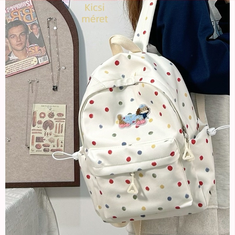Nylon iskolai hátizsák, uniszex, friss és édes stílus, pöttyös minta, poliészter bélés
