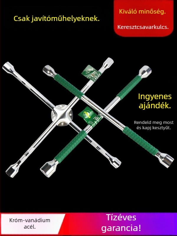 Kereszt alakú dugókulcs autógumihoz, króm-vanádium acél, hosszabbító fej, erőmegtakarítás