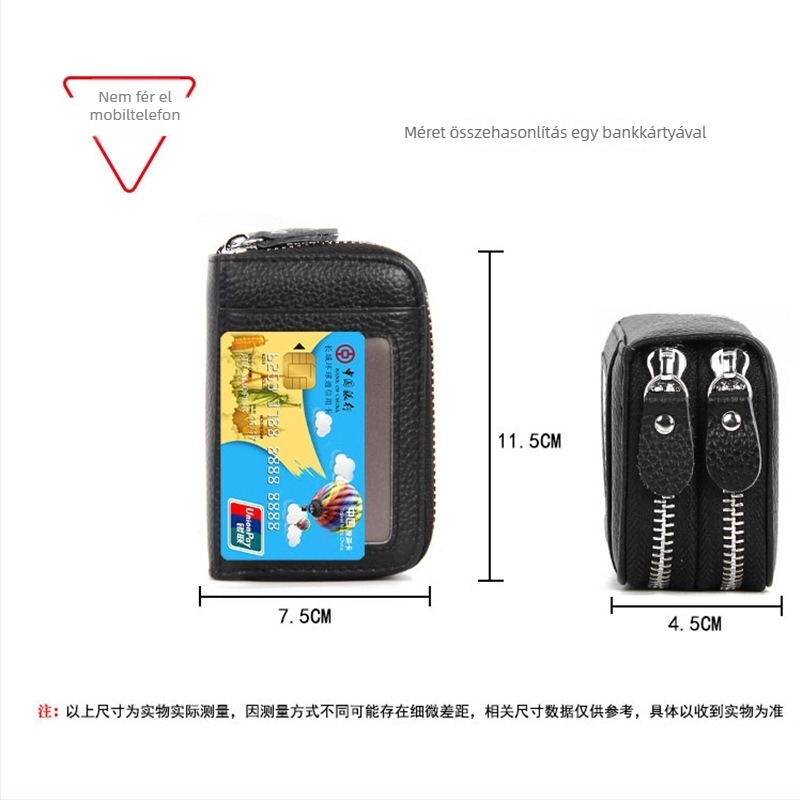 Valódi bőr kártyatartó RFID védelemmel, nagy kapacitású, dupla cipzáras pénztárca