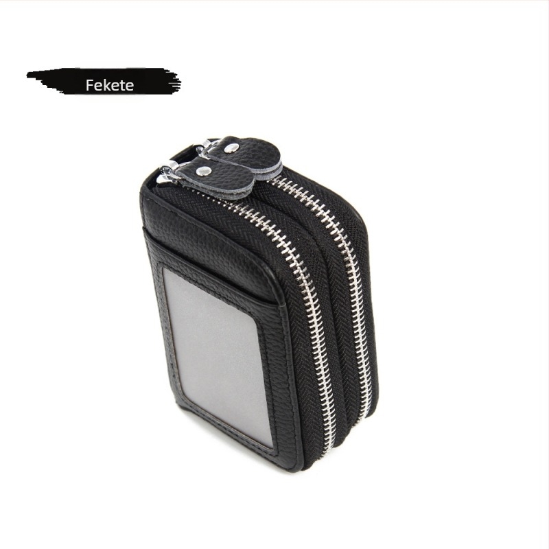 Valódi bőr kártyatartó RFID védelemmel, nagy kapacitású, dupla cipzáras pénztárca
