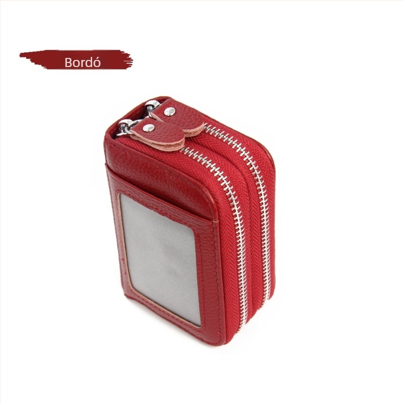 Valódi bőr kártyatartó RFID védelemmel, nagy kapacitású, dupla cipzáras pénztárca
