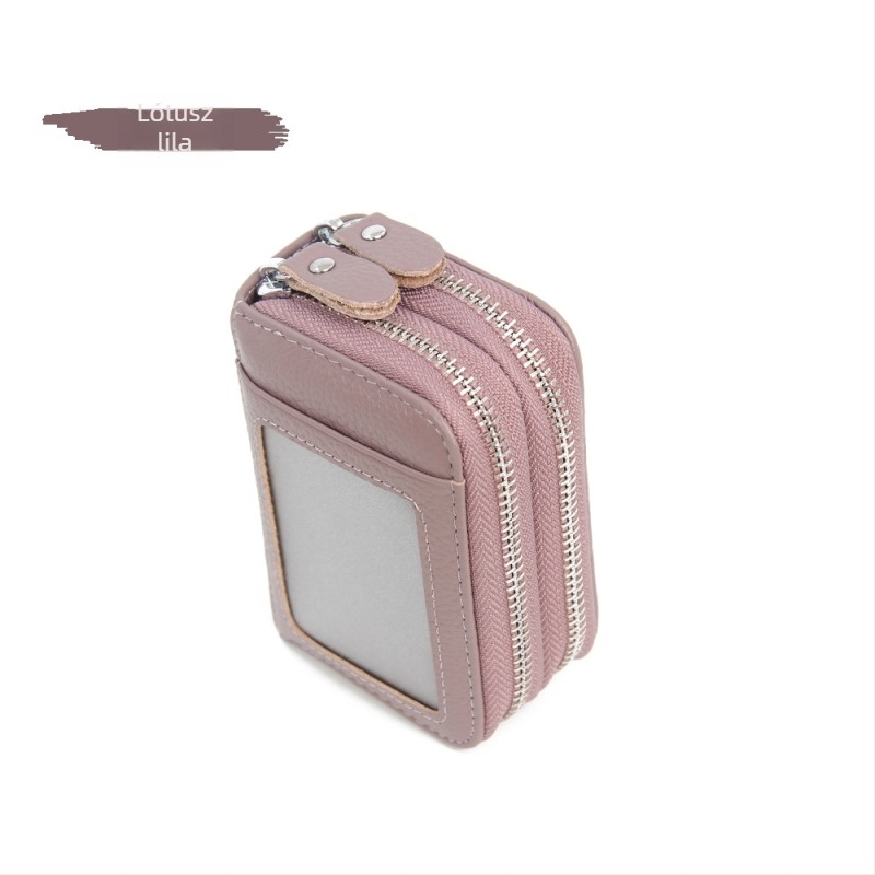 Valódi bőr kártyatartó RFID védelemmel, nagy kapacitású, dupla cipzáras pénztárca