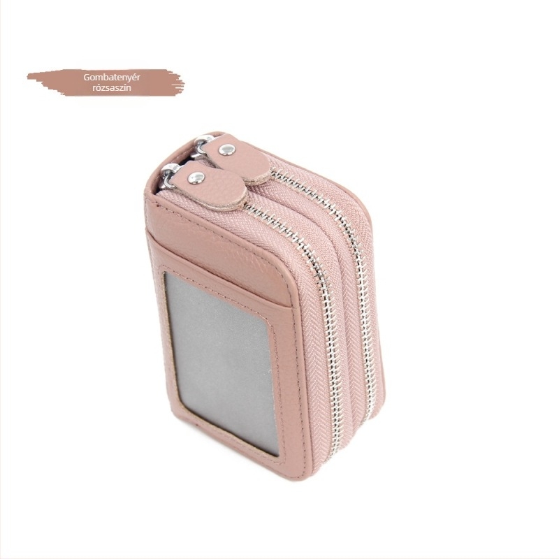 Valódi bőr kártyatartó RFID védelemmel, nagy kapacitású, dupla cipzáras pénztárca