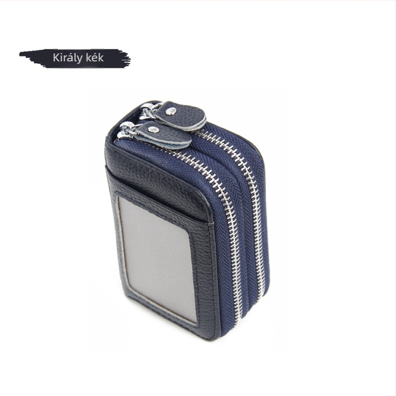 Valódi bőr kártyatartó RFID védelemmel, nagy kapacitású, dupla cipzáras pénztárca