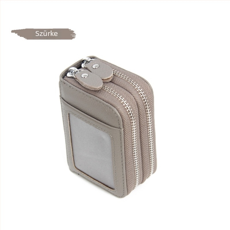 Valódi bőr kártyatartó RFID védelemmel, nagy kapacitású, dupla cipzáras pénztárca