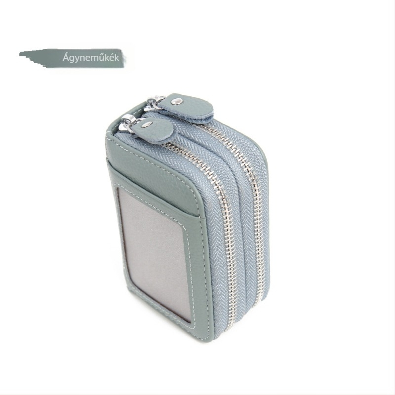Valódi bőr kártyatartó RFID védelemmel, nagy kapacitású, dupla cipzáras pénztárca