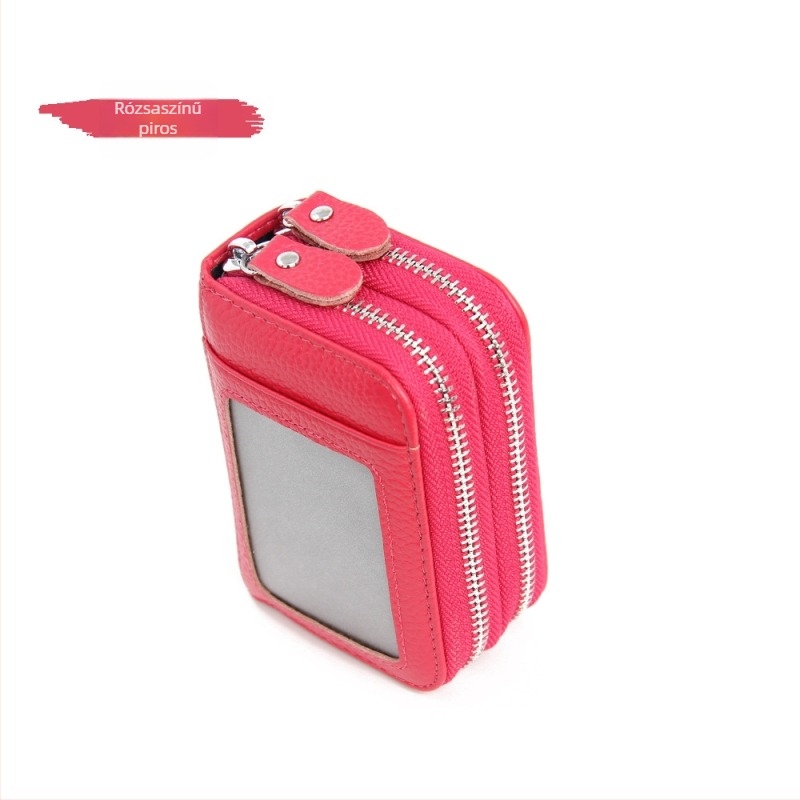 Valódi bőr kártyatartó RFID védelemmel, nagy kapacitású, dupla cipzáras pénztárca