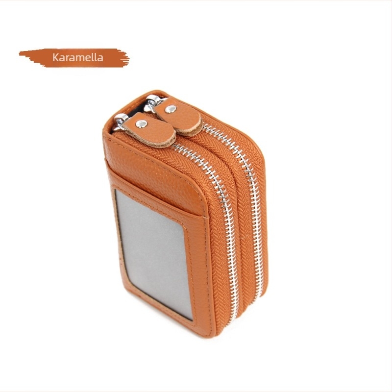 Valódi bőr kártyatartó RFID védelemmel, nagy kapacitású, dupla cipzáras pénztárca