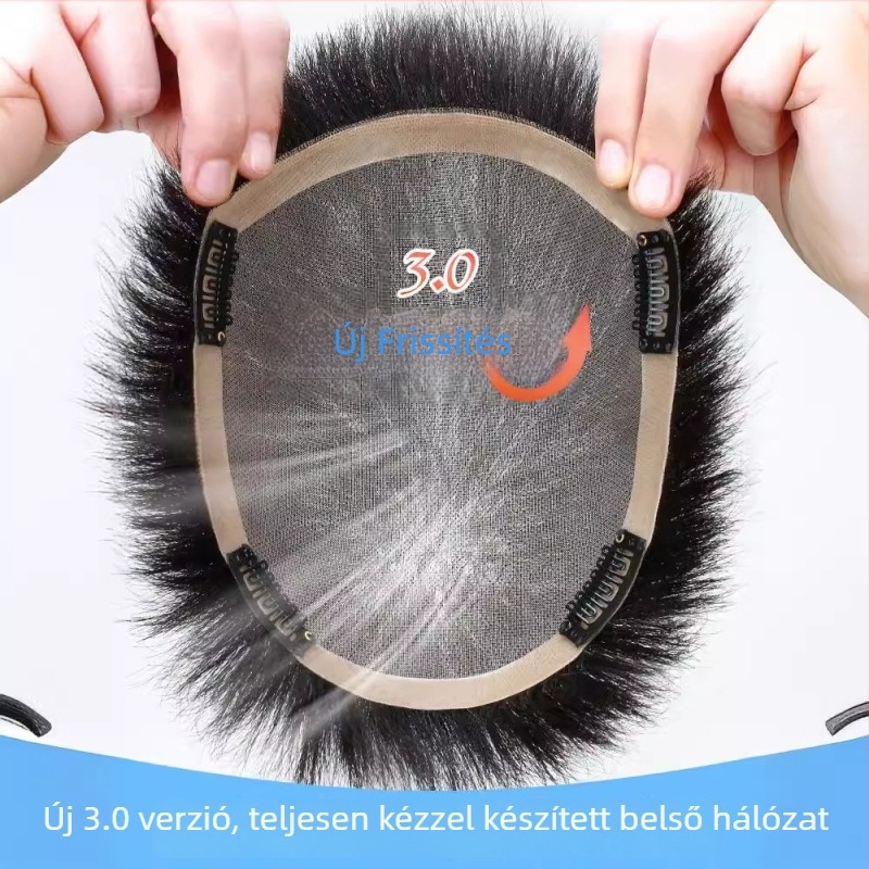 Férfi rövid paróka valódi hajból, kézzel készített, fedés a fej tetején és a hajhullás területén