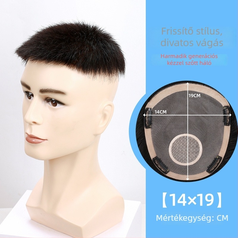 Férfi rövid paróka valódi hajból, kézzel készített, fedés a fej tetején és a hajhullás területén