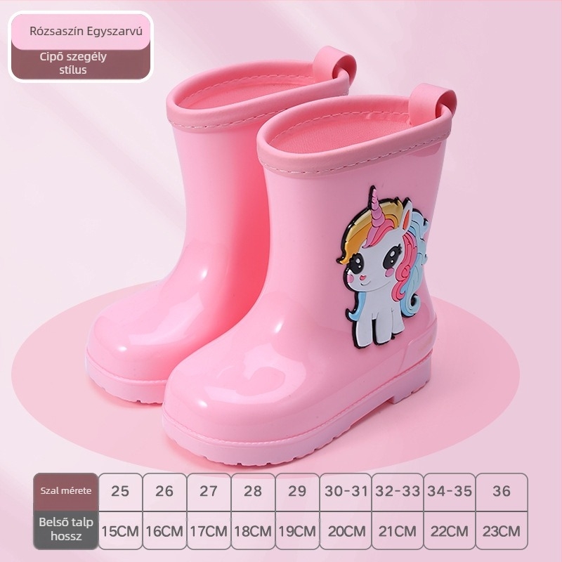 Gyerek esőcsizmák – karikatúra mintázat, PVC, alacsony sarka 1–3 cm, középső csőmagasság, minden szezonra, uniszex