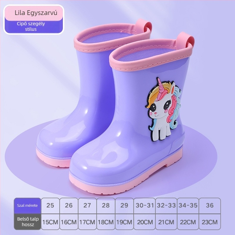 Gyerek esőcsizmák – karikatúra mintázat, PVC, alacsony sarka 1–3 cm, középső csőmagasság, minden szezonra, uniszex