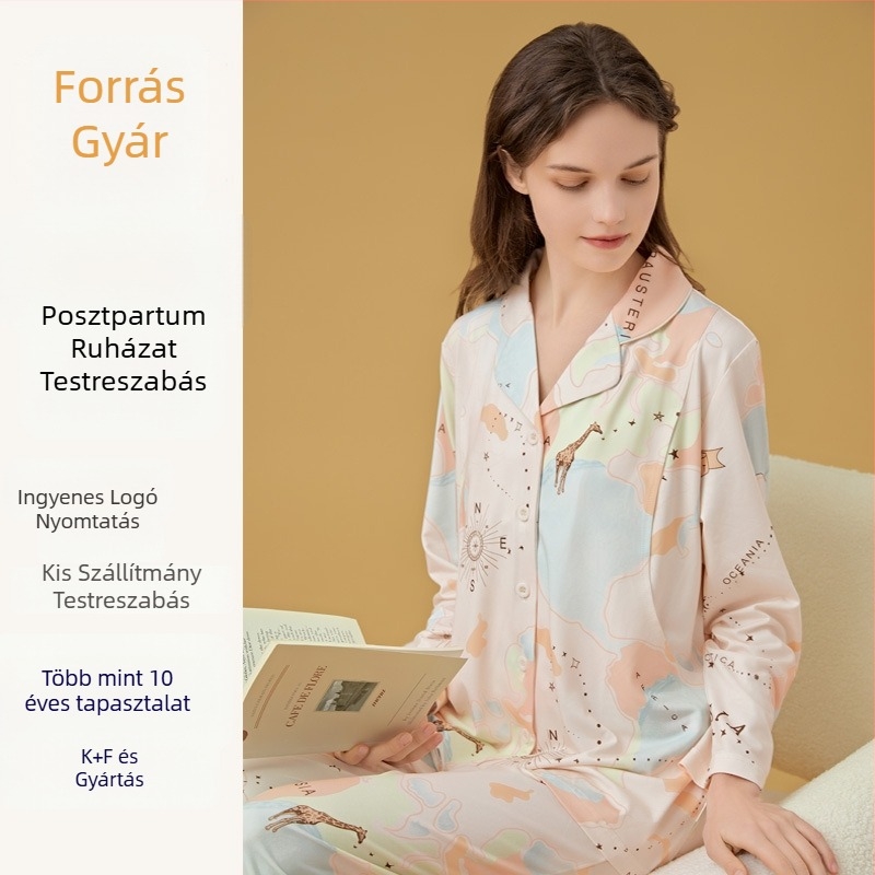 Cardigan-stílusú szoptatós és anyasági pizsama készlet, Milk Silk, 100% poliészter, hosszú ujjú, nadrág, tavasz–ősz