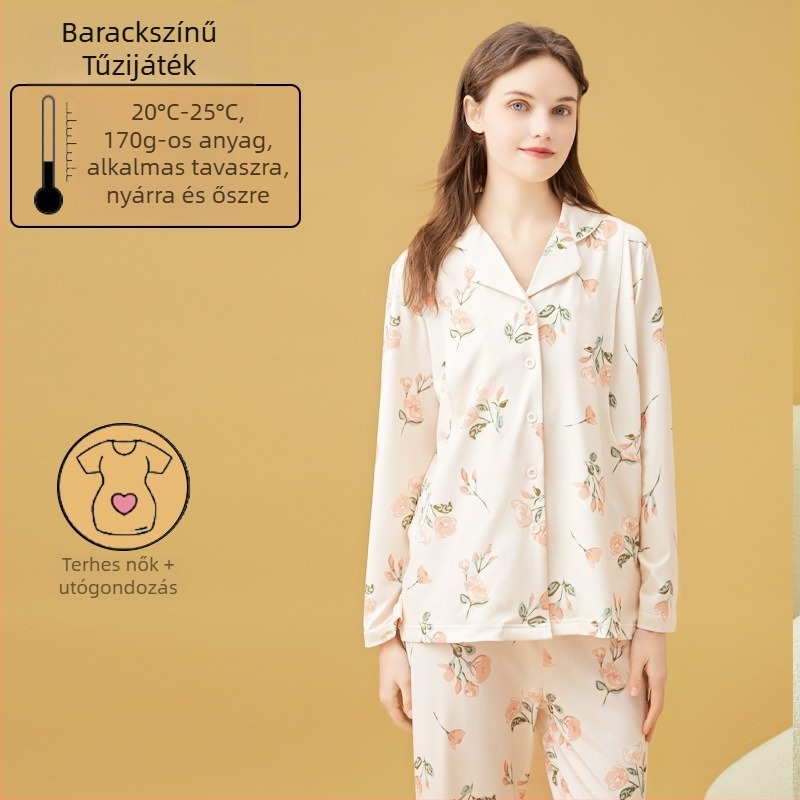 Cardigan-stílusú szoptatós és anyasági pizsama készlet, Milk Silk, 100% poliészter, hosszú ujjú, nadrág, tavasz–ősz