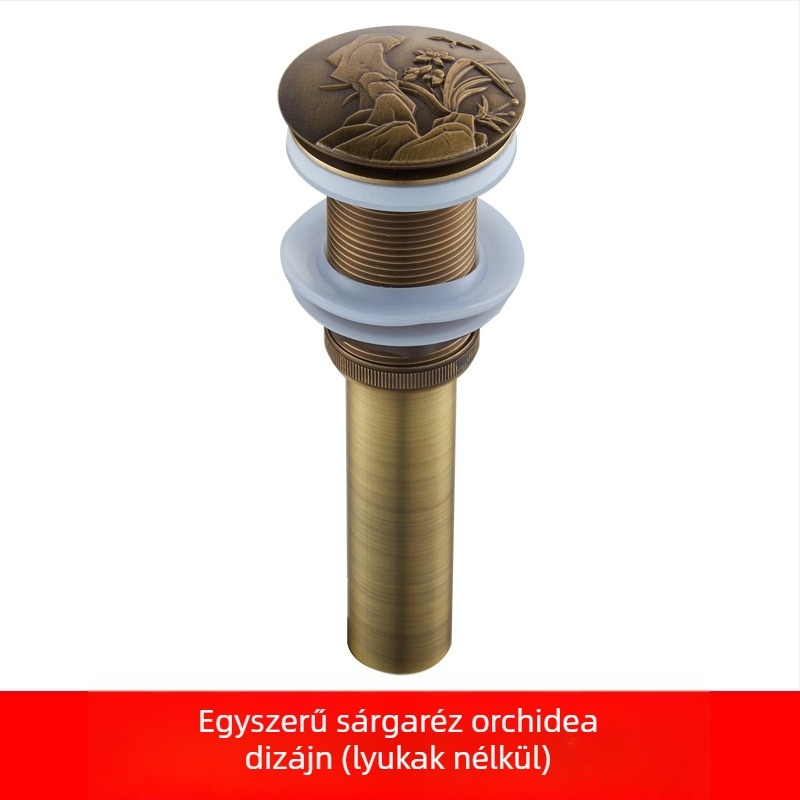 Antik teljes rézből készült mosdólefolyó, pop-up mechanizmussal, faragott mintákkal