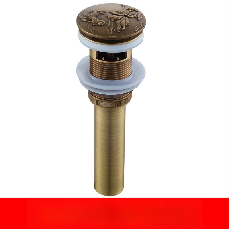 Antik teljes rézből készült mosdólefolyó, pop-up mechanizmussal, faragott mintákkal