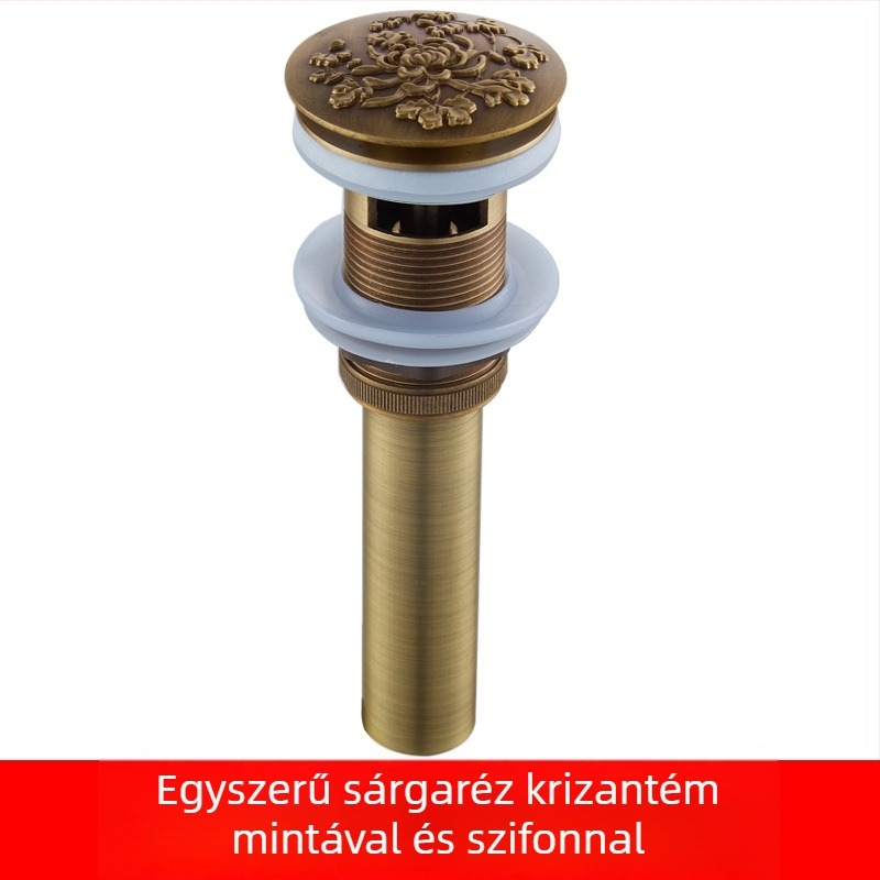 Antik teljes rézből készült mosdólefolyó, pop-up mechanizmussal, faragott mintákkal