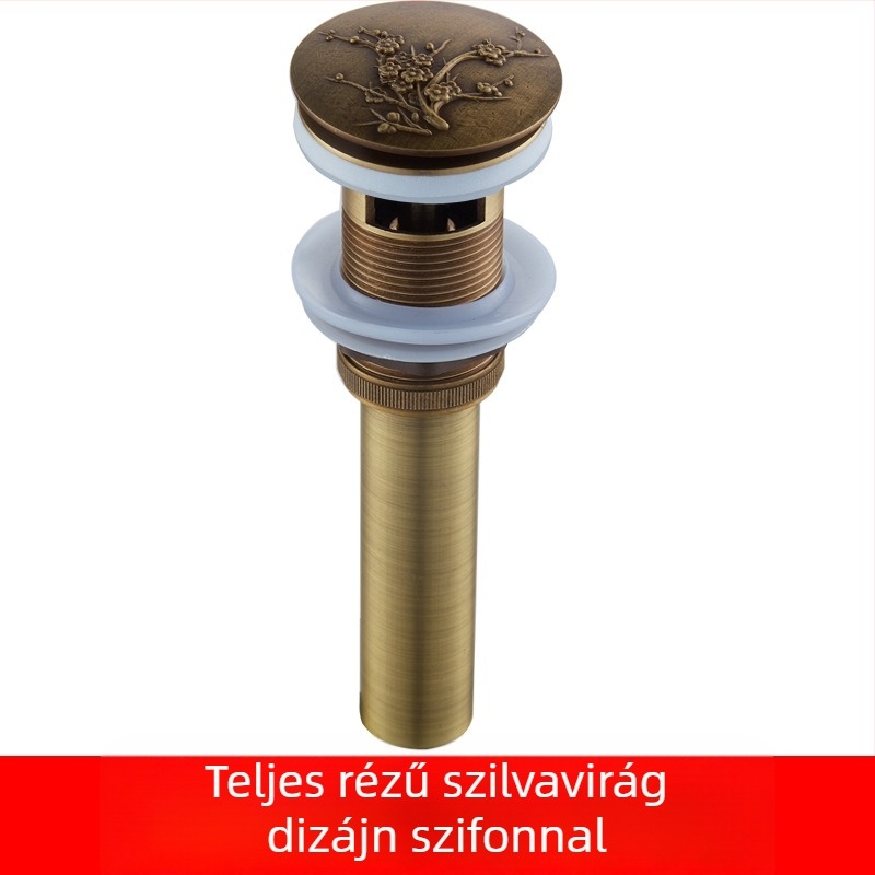 Antik teljes rézből készült mosdólefolyó, pop-up mechanizmussal, faragott mintákkal