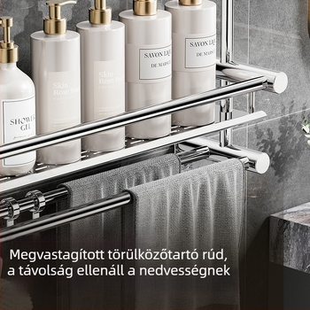 Nerezacélból készült, többrészes falra szerelhető fürdőszobai tároló, törölközőtartó – fúrás nélküli