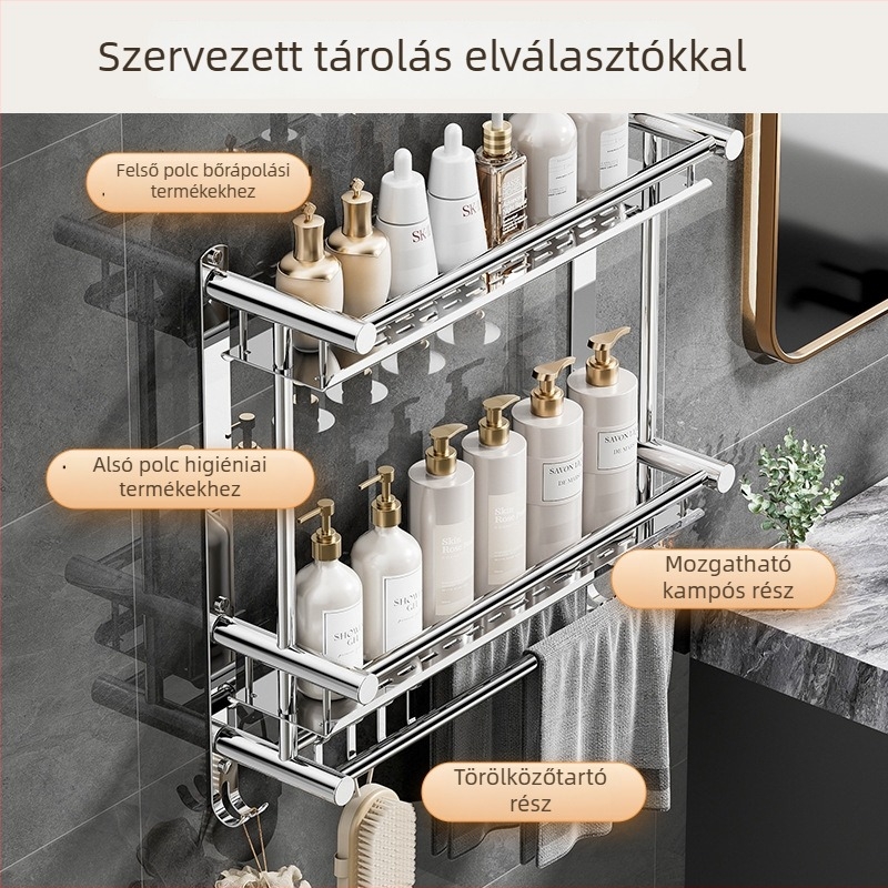 Nerezacélból készült, többrészes falra szerelhető fürdőszobai tároló, törölközőtartó – fúrás nélküli
