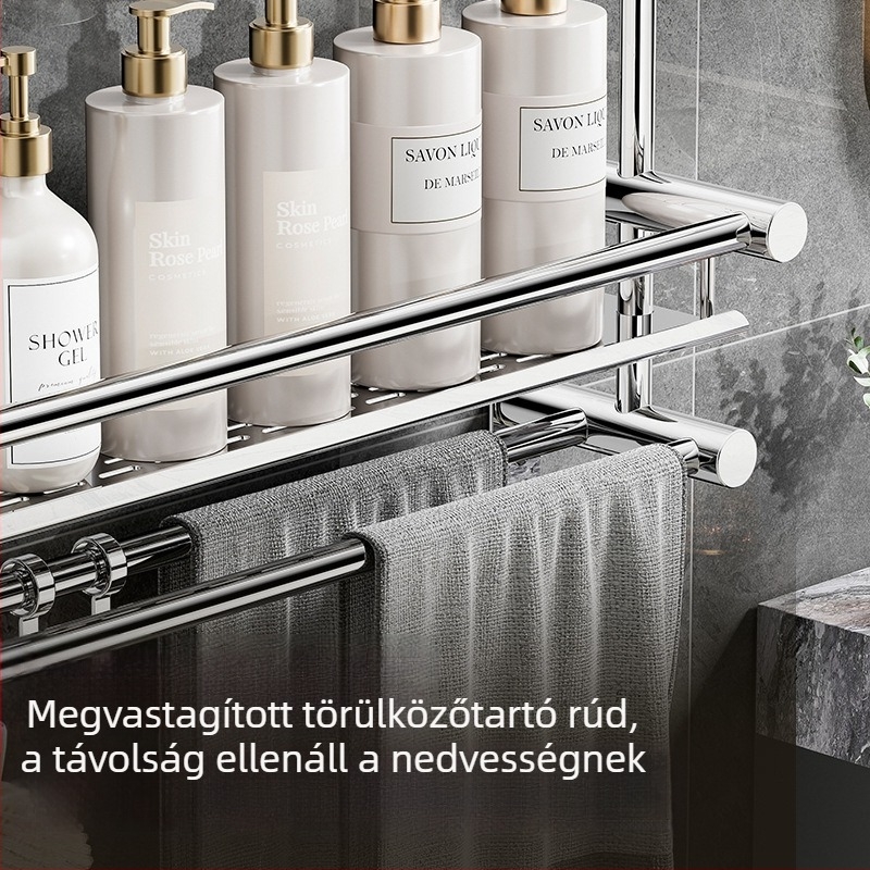 Nerezacélból készült, többrészes falra szerelhető fürdőszobai tároló, törölközőtartó – fúrás nélküli