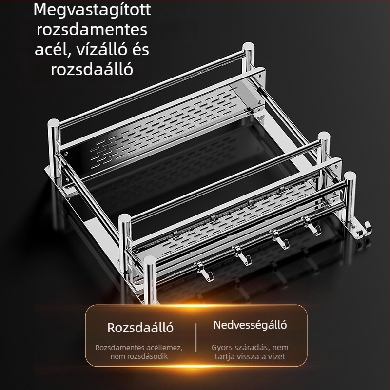 Nerezacélból készült, többrészes falra szerelhető fürdőszobai tároló, törölközőtartó – fúrás nélküli