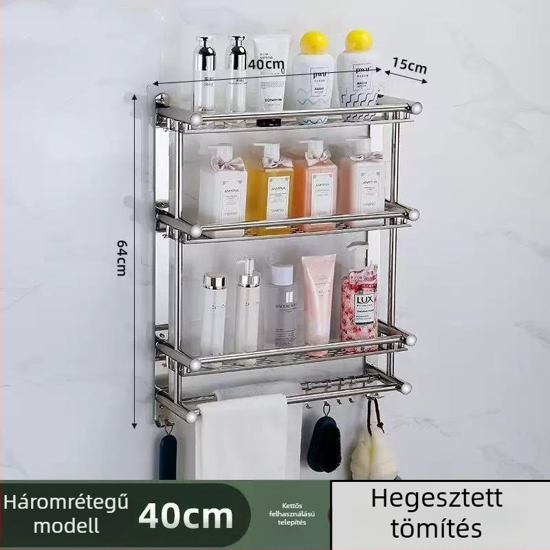 Nerezacélból készült, többrészes falra szerelhető fürdőszobai tároló, törölközőtartó – fúrás nélküli