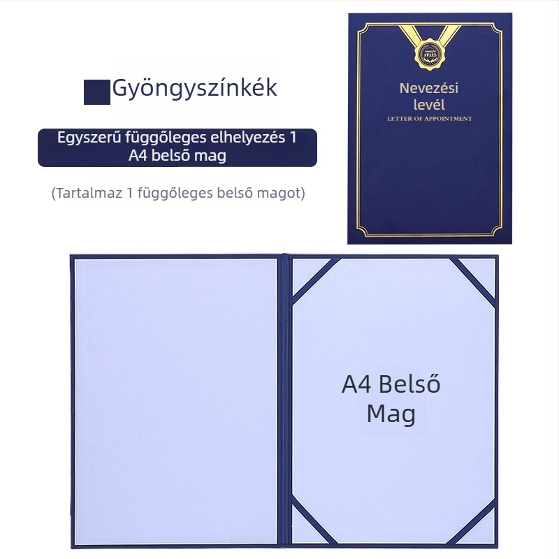 Kinevezési levél forró fóliázott borítóval és gyöngyházfényű matt felülettel, papíron. Specifikációk: 12K, 8K, 6K, 5K, 16K. Célzott felhasználók: diákok, tanárok, köztisztviselők, irodai dolgozók és vállalati munkatársak.