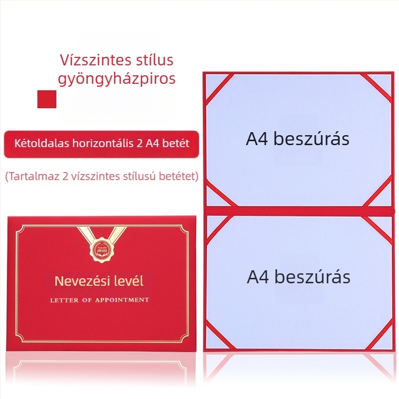 Kinevezési levél forró fóliázott borítóval és gyöngyházfényű matt felülettel, papíron. Specifikációk: 12K, 8K, 6K, 5K, 16K. Célzott felhasználók: diákok, tanárok, köztisztviselők, irodai dolgozók és vállalati munkatársak.