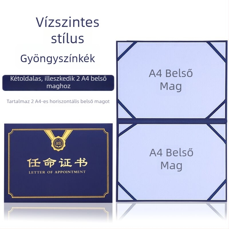 Kinevezési levél forró fóliázott borítóval és gyöngyházfényű matt felülettel, papíron. Specifikációk: 12K, 8K, 6K, 5K, 16K. Célzott felhasználók: diákok, tanárok, köztisztviselők, irodai dolgozók és vállalati munkatársak.