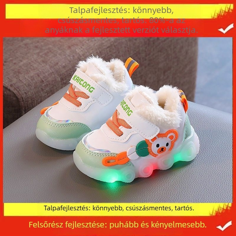 Kisgyermekek részére futócipő rajzfilmszerű mintával, téli, csúszásmentes talp, forgó gombos zárás, műanyag talp