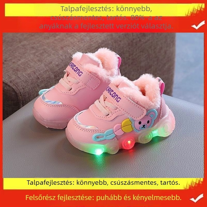 Kisgyermekek részére futócipő rajzfilmszerű mintával, téli, csúszásmentes talp, forgó gombos zárás, műanyag talp