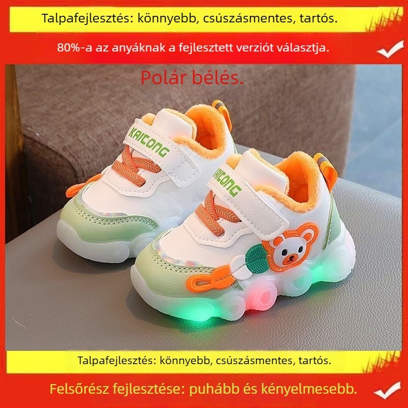 Kisgyermekek részére futócipő rajzfilmszerű mintával, téli, csúszásmentes talp, forgó gombos zárás, műanyag talp