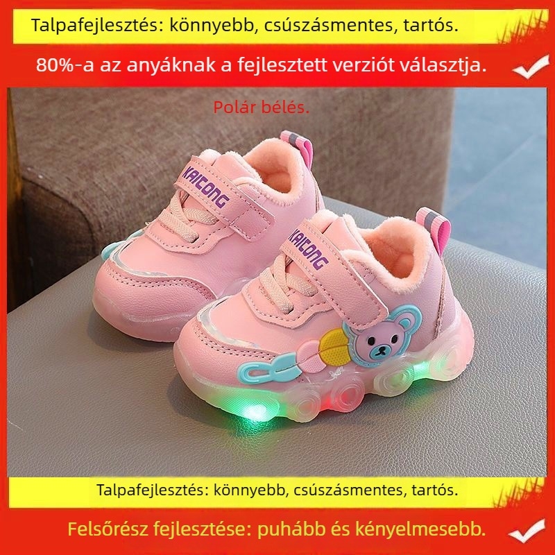 Kisgyermekek részére futócipő rajzfilmszerű mintával, téli, csúszásmentes talp, forgó gombos zárás, műanyag talp