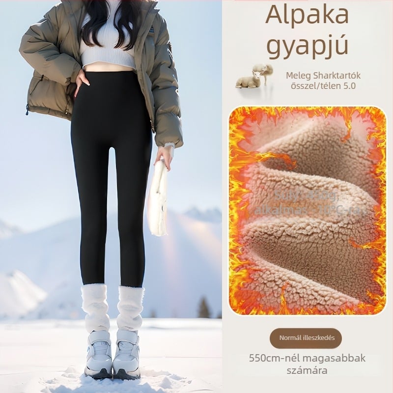 Flízzel bélelt leggings, magas derekú, meleg és testhez álló (Nylon 50–70%, Alpaka 30–50%, Spandex; 450 g; nagy rugalmasság; extra vastag; hőszigetelés -10°C-ig)