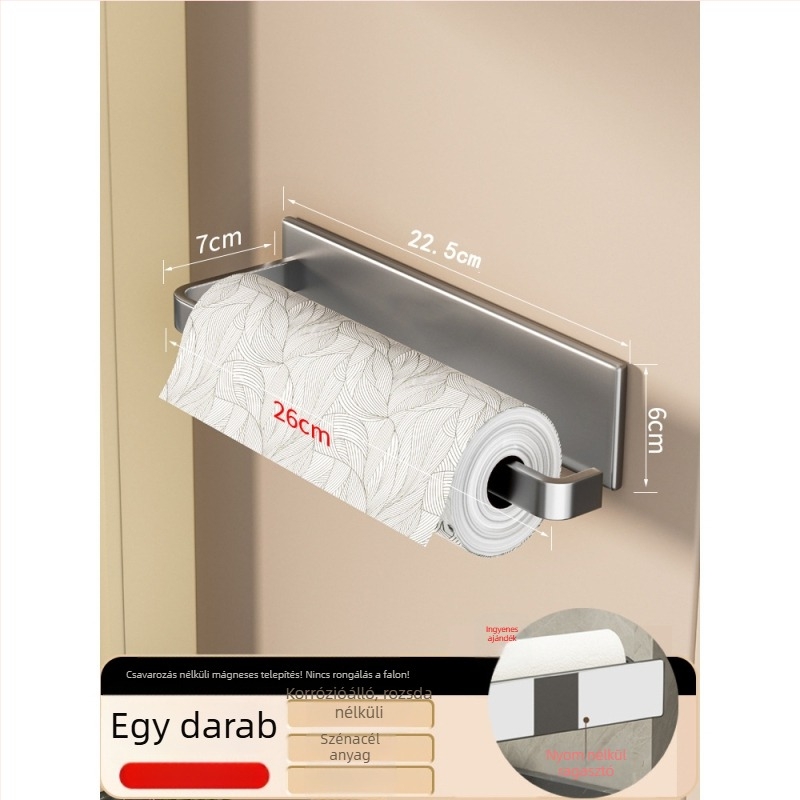 Falihoz szerelhető vasból készült konyhai papírtörlő tartó mágneses, fúrás nélküli rögzítés, fóliatároló