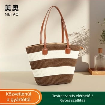 Szalmából készült tote táska - városi egyszerű stílus, vízszintes négyzet alakú, cipzáros nyitás, belső zseb a telefonhoz