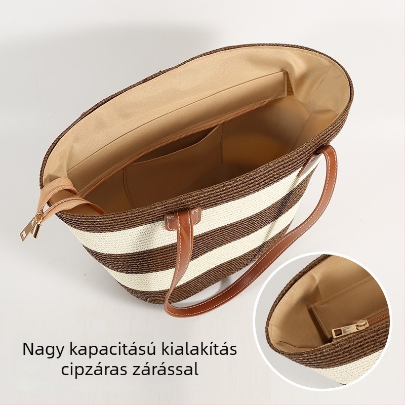 Szalmából készült tote táska - városi egyszerű stílus, vízszintes négyzet alakú, cipzáros nyitás, belső zseb a telefonhoz