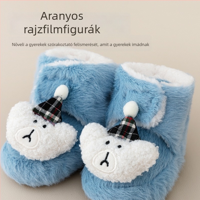 Baba beltéri cipő Velcro zárással, vászon felsőrész, vastag velúr bélés, csúszásmentes talp, 0–36 hónapos kor számára