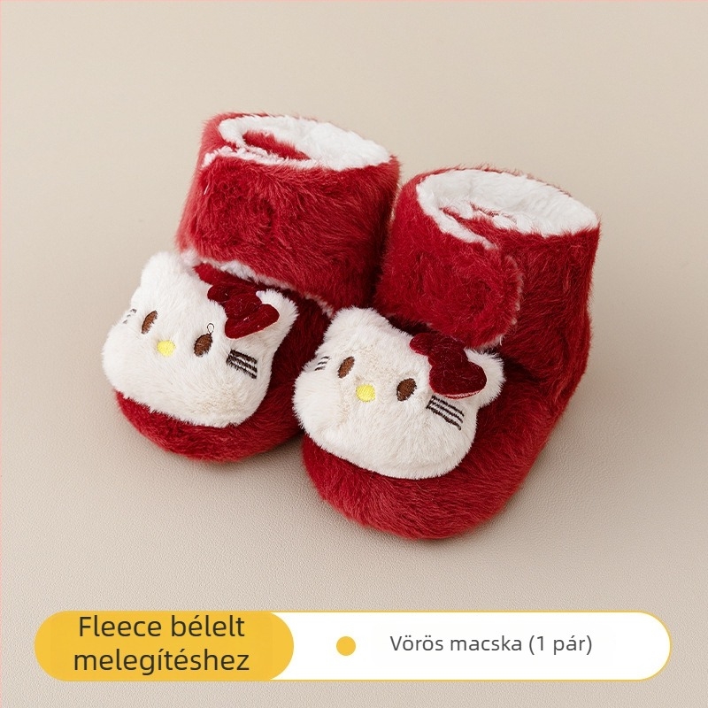 Baba beltéri cipő Velcro zárással, vászon felsőrész, vastag velúr bélés, csúszásmentes talp, 0–36 hónapos kor számára