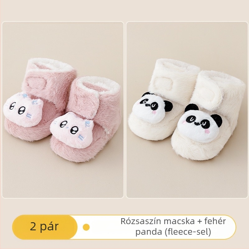 Baba beltéri cipő Velcro zárással, vászon felsőrész, vastag velúr bélés, csúszásmentes talp, 0–36 hónapos kor számára