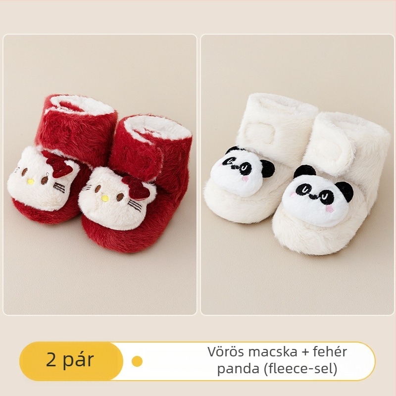 Baba beltéri cipő Velcro zárással, vászon felsőrész, vastag velúr bélés, csúszásmentes talp, 0–36 hónapos kor számára