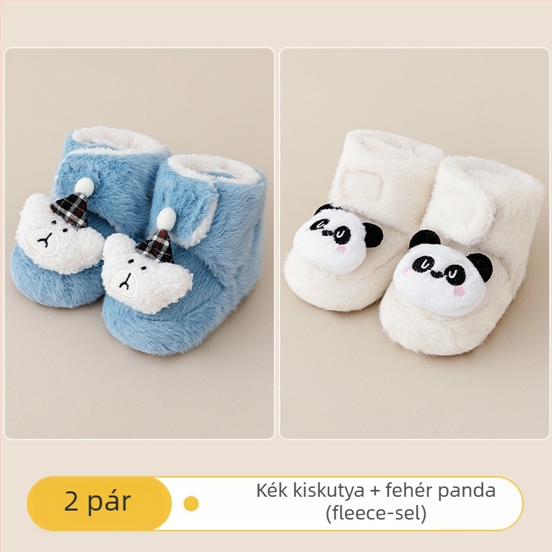 Baba beltéri cipő Velcro zárással, vászon felsőrész, vastag velúr bélés, csúszásmentes talp, 0–36 hónapos kor számára